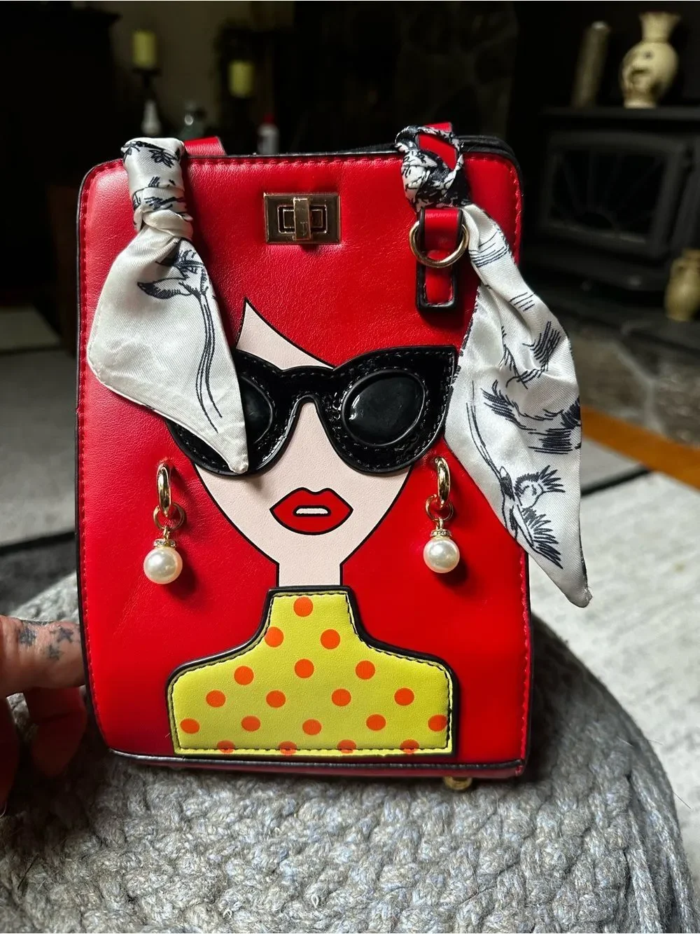 Red Top-Handle Satchel with Graphic Face Detail